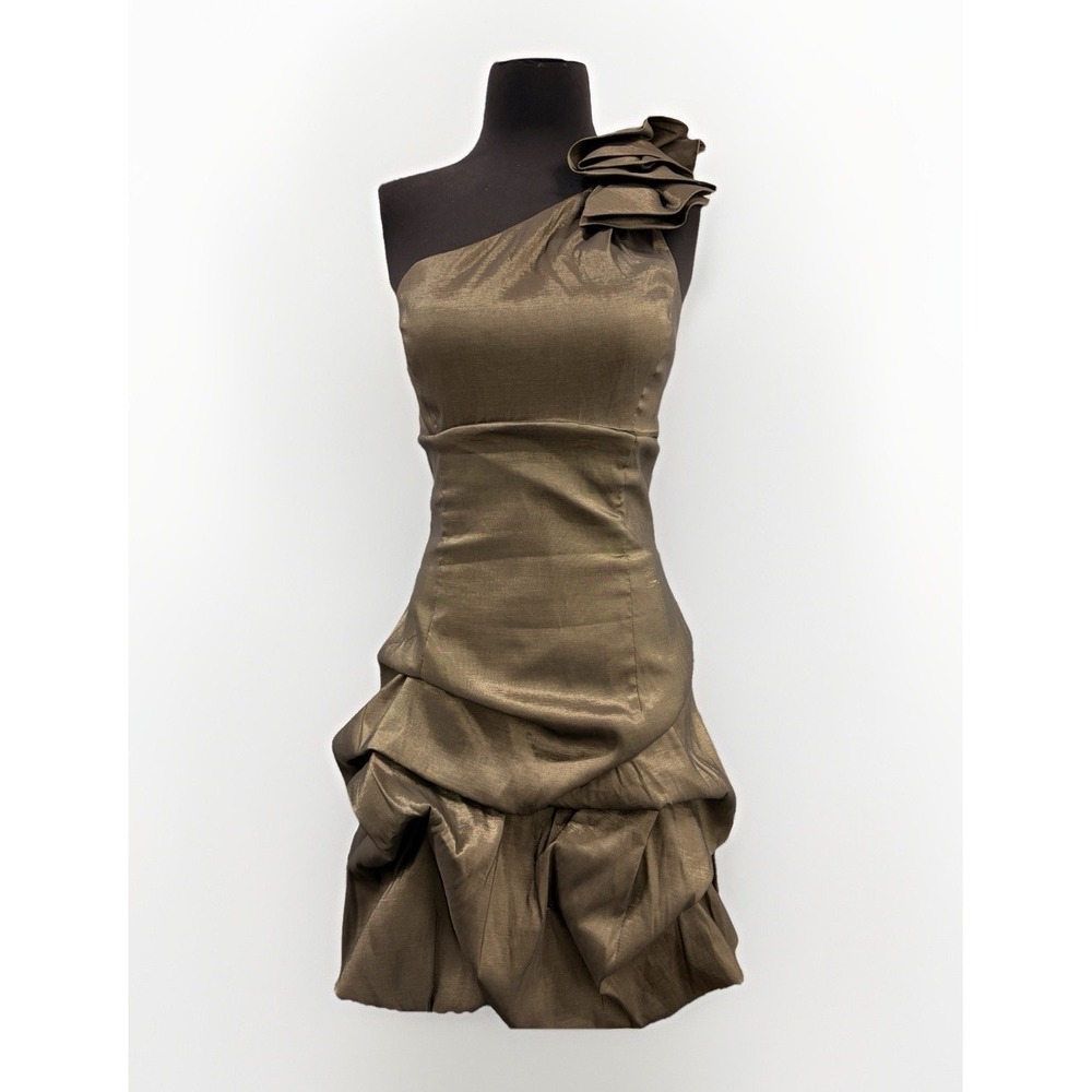 Jessica McClintock Cocktail Dress 8 Mini Satin Silver Gold Bubble Hem Party VTG - Picture 9 of 12
